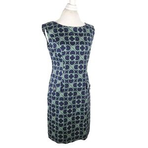 Vintage Talbots Navy Blue Green Geometric Link Print Sheath Midi Dress Size 10